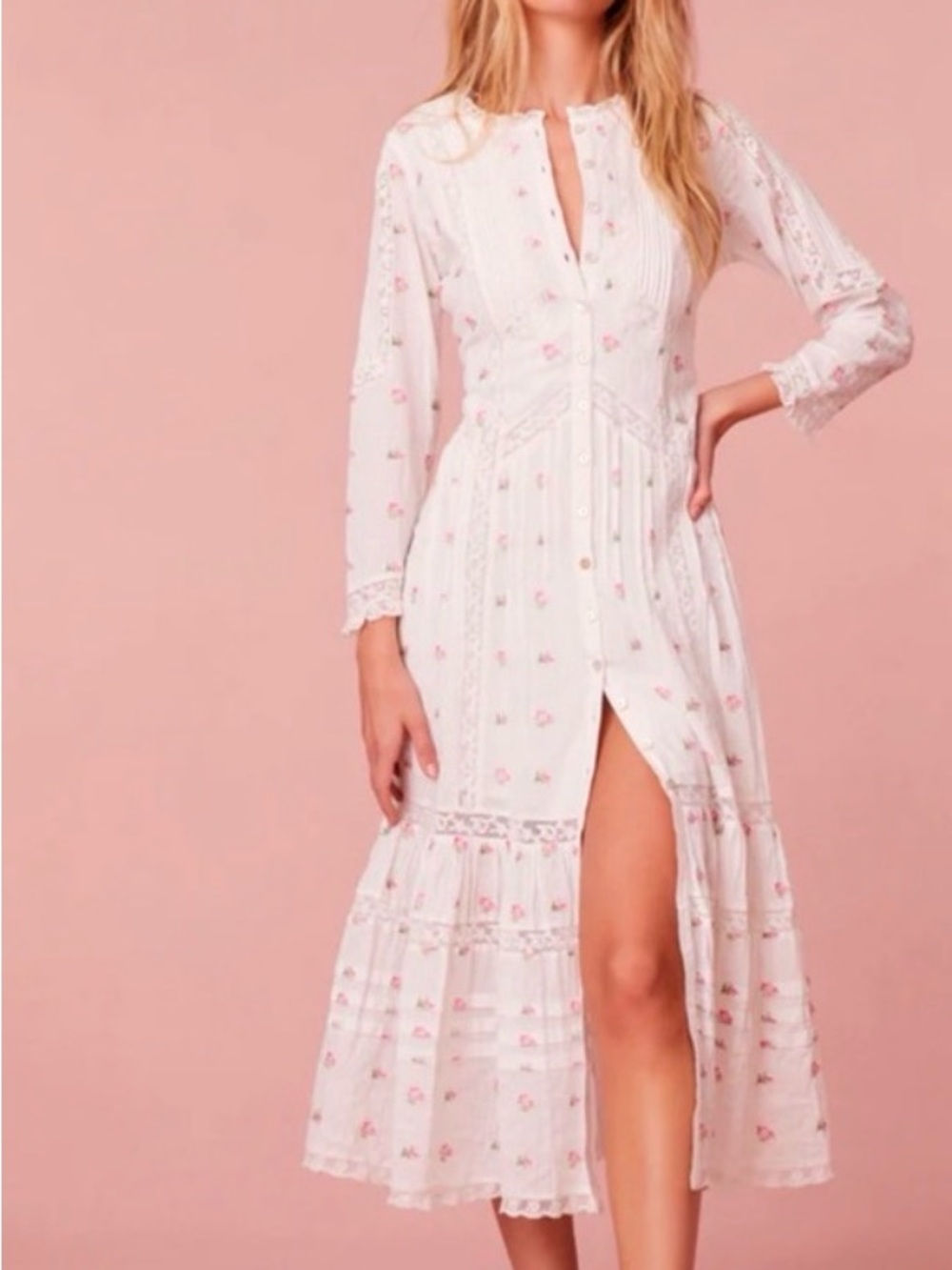 LoveShackFancy White Floral Cotton - AVIN DRESS with Pink Rose Print - Picture 3 of 7